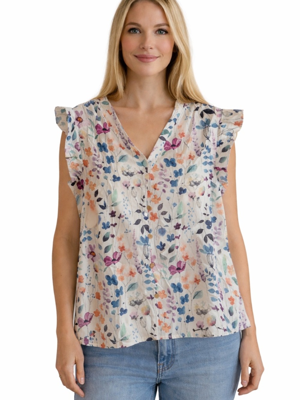 Emery Rose Flutter Sleeve Floral V-Neck Blouse - White Multicolor